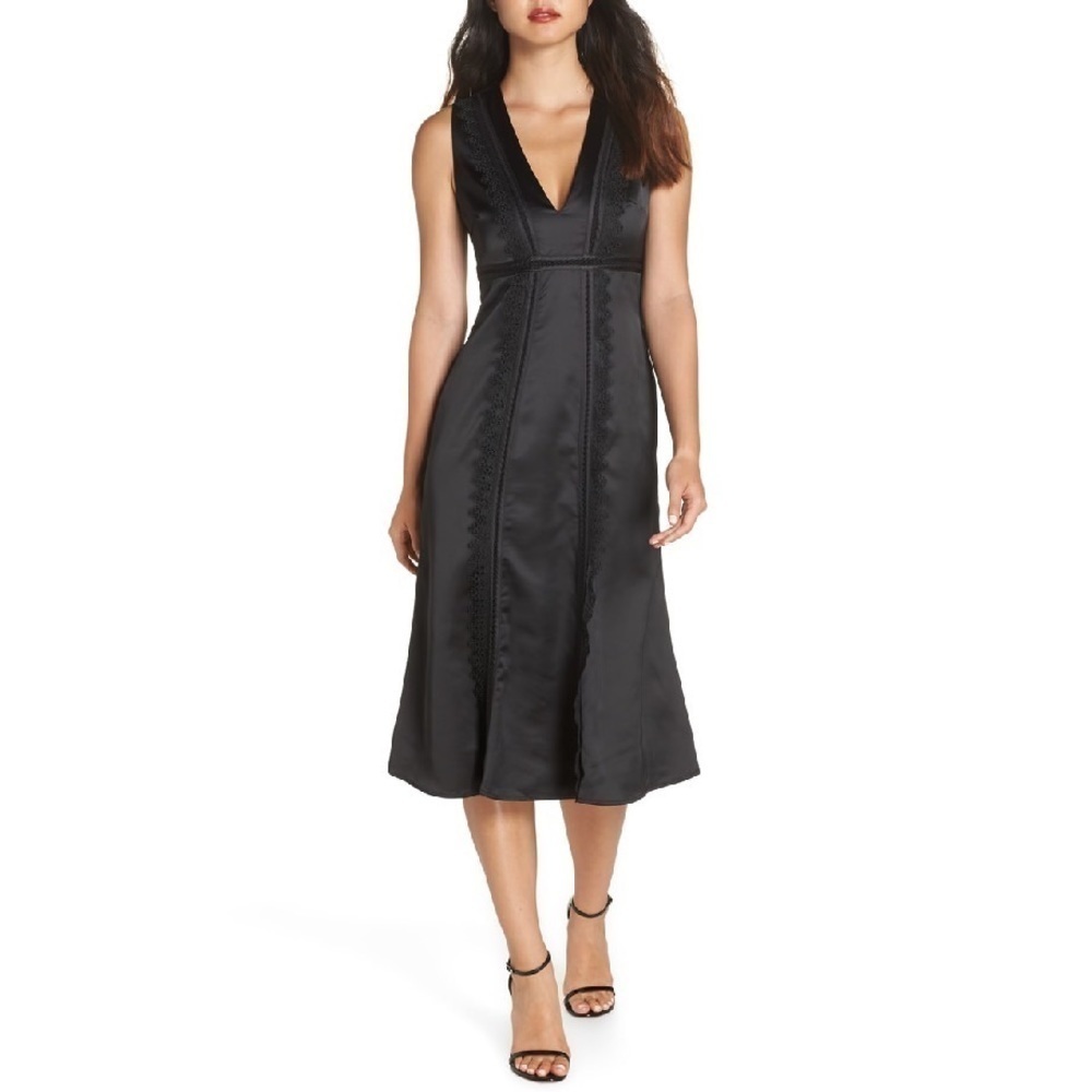 FOXIEDOX Betty Satin & Lace Midi Dress In Black Size 8